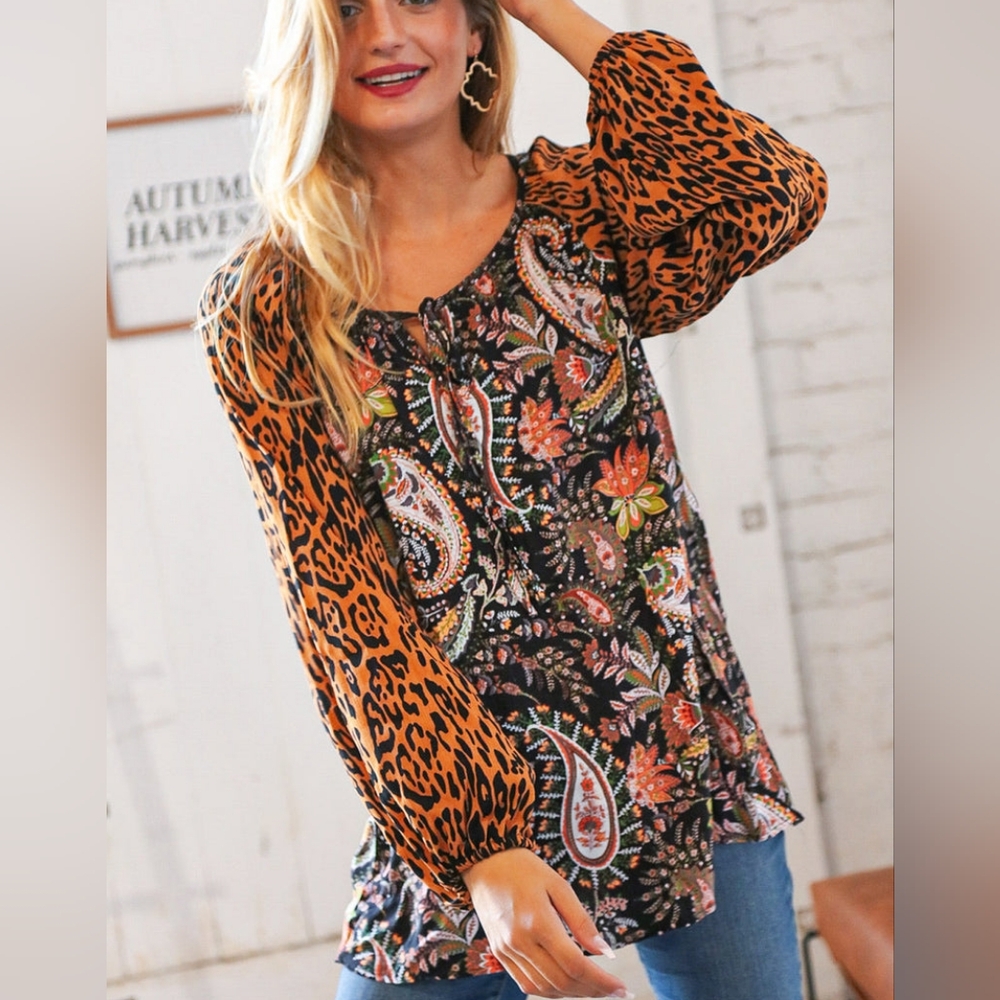Boho Haptics Black Rust Paisley Leopard Front Tie Top